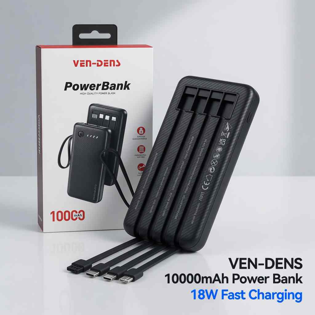 Ven-Dens VD-PB058 10000mAh 18W Fast Charging Power Bank with Built-in Cables, LED Torch & Indicator Light