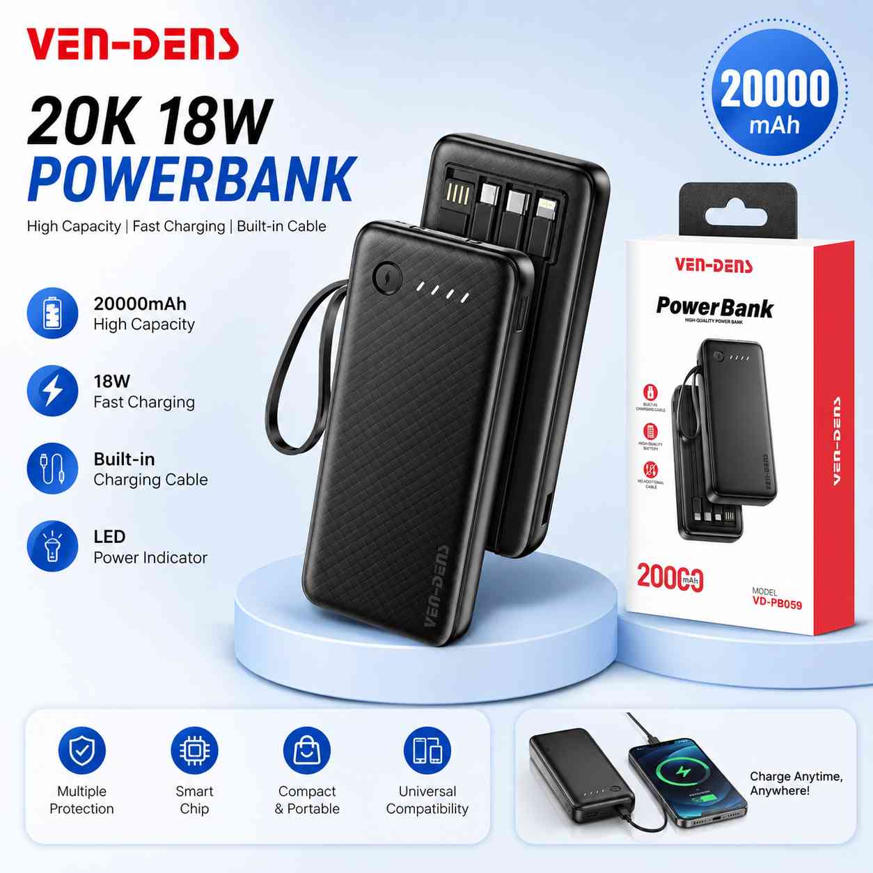 VEN-DENS VD-PB059 20000mAh 18W Fast Charging Power Bank