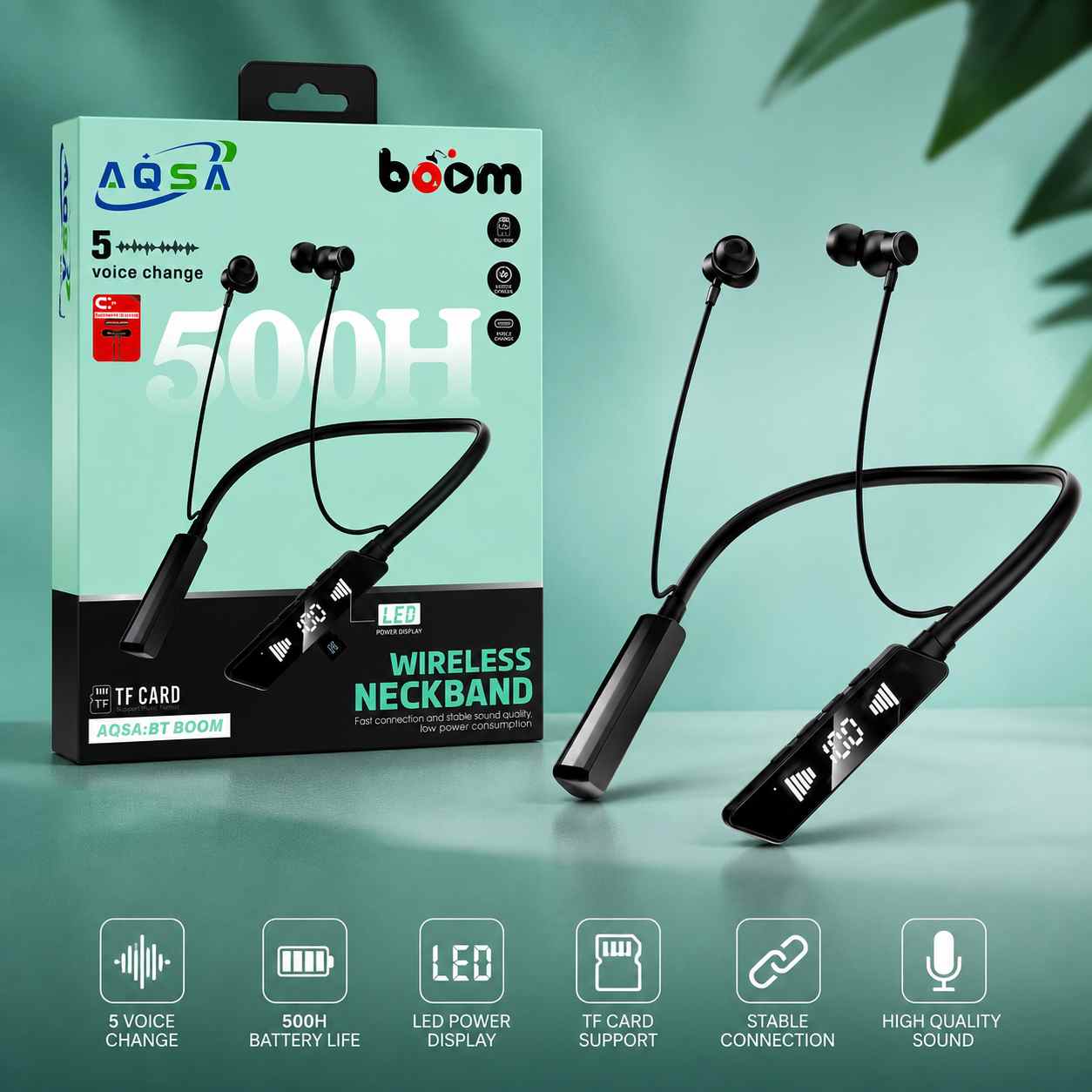 AQSA BOOM Wireless Neckband Earphones with 5 Voice Change, LED Display & 500 Hours Playback (V5.4)